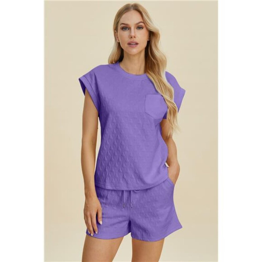 nwt Double Take‎ Full Size Pocketed Texture Round Neck Top and Shorts Set